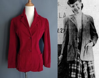 1940s puff sleeve red corduroy jacket, WWII wartime 1941 blazer coat, medium large size