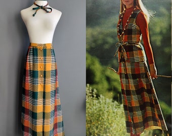 1970s block plaid maxi skirt, button front, thermo-jac thermojac label, small size