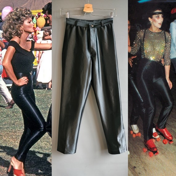 1970s-1980s shiny jeans, spandex satin pants, bla… - image 1