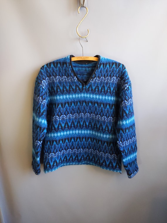 1950s-1960s Swedish Intarsia Wool Sweater, Pulka Pattern, Iceland