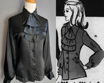 1970s satin blouse, black shirt with detachable ruffle jabot, crepe backed rayon, dagger collar, Mardi modes, small medium size