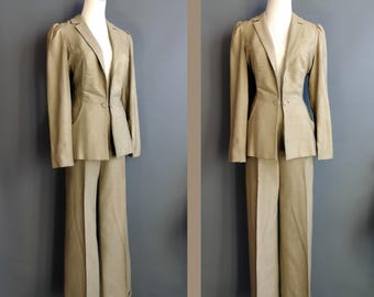 rare 1969-1970 pant suit, diana leslie Countdown, puff shoulder fitted jacket, wide leg cuffed trousers, vintage pantsuit wool linen, medium