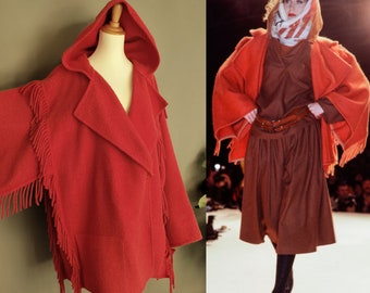 1980s JC de Castelbajac Ko and Co light red wool capote blanket coat with hood, runway piece, xl plus size volup, one size fits all