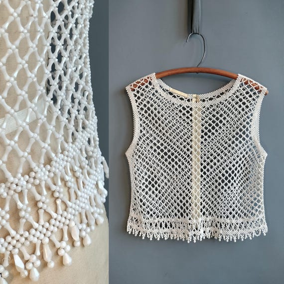 1960s Beaded Cage Vest, White Plastic Beads, Openwork Fishnet Mesh