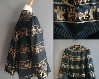 1950s silk brocade swing coat, Dynasty jacquard black and gold, trapunto stitching, novelty weave of chinese procession, medium size