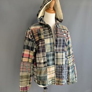 1960s patchwork bleeding madras plaid parka jacket, indian cotton, ivy style surfer, langtry