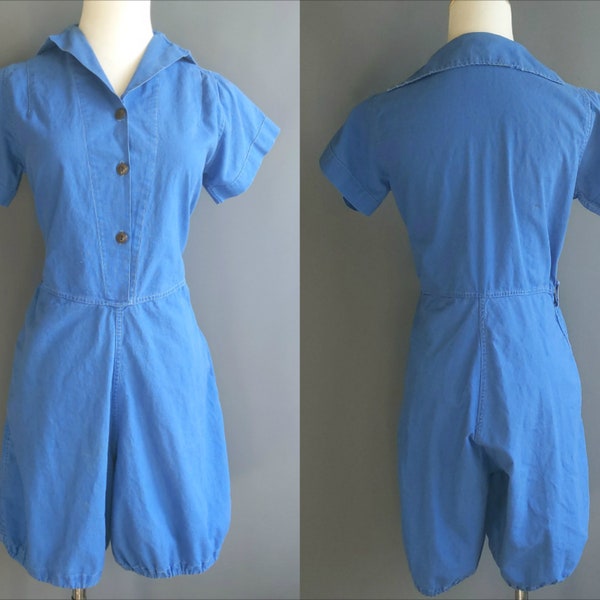 1930s-40s bloomer gymsuit, blue cotton sanforized 1940s gym suit romper playsuit, medium large size