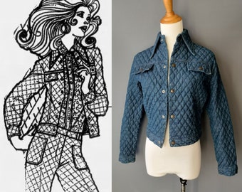 1970s quilted denim Lady Wrangler jean jacket, diamond quilting, small size