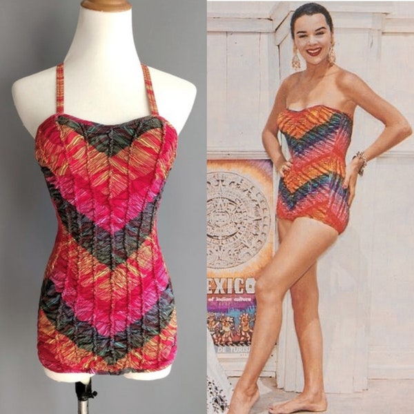 1950s rainbow ruched cotton swimsuit, bathing suit, 1956 Jantzen International Set Acapulco Mexico, xs-small size, Louella Ballerino