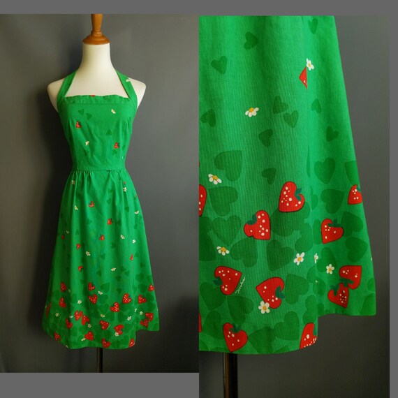 1970s strawberry print green sundress, novelty pri