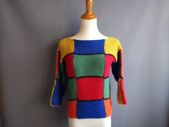 1960s mod patchwork homemade hand knit sweater, sm