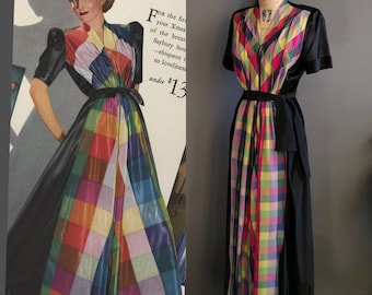 1930s Saybury rainbow plaid and black satin dressing gown, zipper robe housecoat dress, medium large size