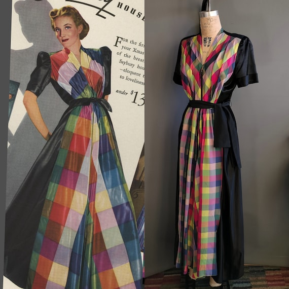 1930s Saybury Rainbow Plaid and Black Satin Dressing Gown, Zipper Robe  Housecoat Dress, Medium Large Size - Etsy
