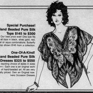 May include: A black and white illustration of a woman wearing a beaded butterfly top. The top is available in a variety of colours, including black, silver, gold, red, royal blue, and aqua. The top is priced at &pound;145. The illustration also shows a beaded butterfly dress, available in sizes small, medium, and large. The dress is priced between &pound;325 and &pound;550.