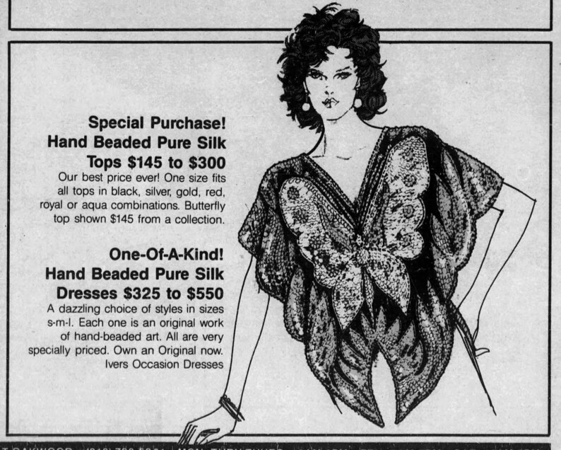 May include: A black and white illustration of a woman wearing a beaded butterfly top. The top is available in a variety of colours, including black, silver, gold, red, royal blue, and aqua. The top is priced at &pound;145. The illustration also shows a beaded butterfly dress, available in sizes small, medium, and large. The dress is priced between &pound;325 and &pound;550.