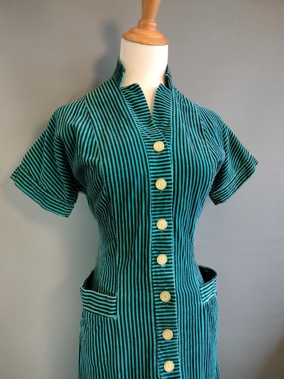 1950s striped corduroy wiggle dress, peacock blue… - image 7