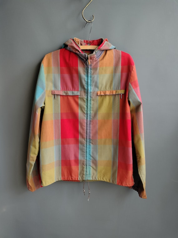 1960s rainbow plaid zipper jacket, hooded beach j… - image 1