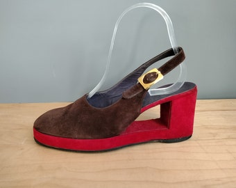 size 7 - 1970s Margaret Jerrold window wedge sandal, platform slingback, mod brown and red suede made in greece