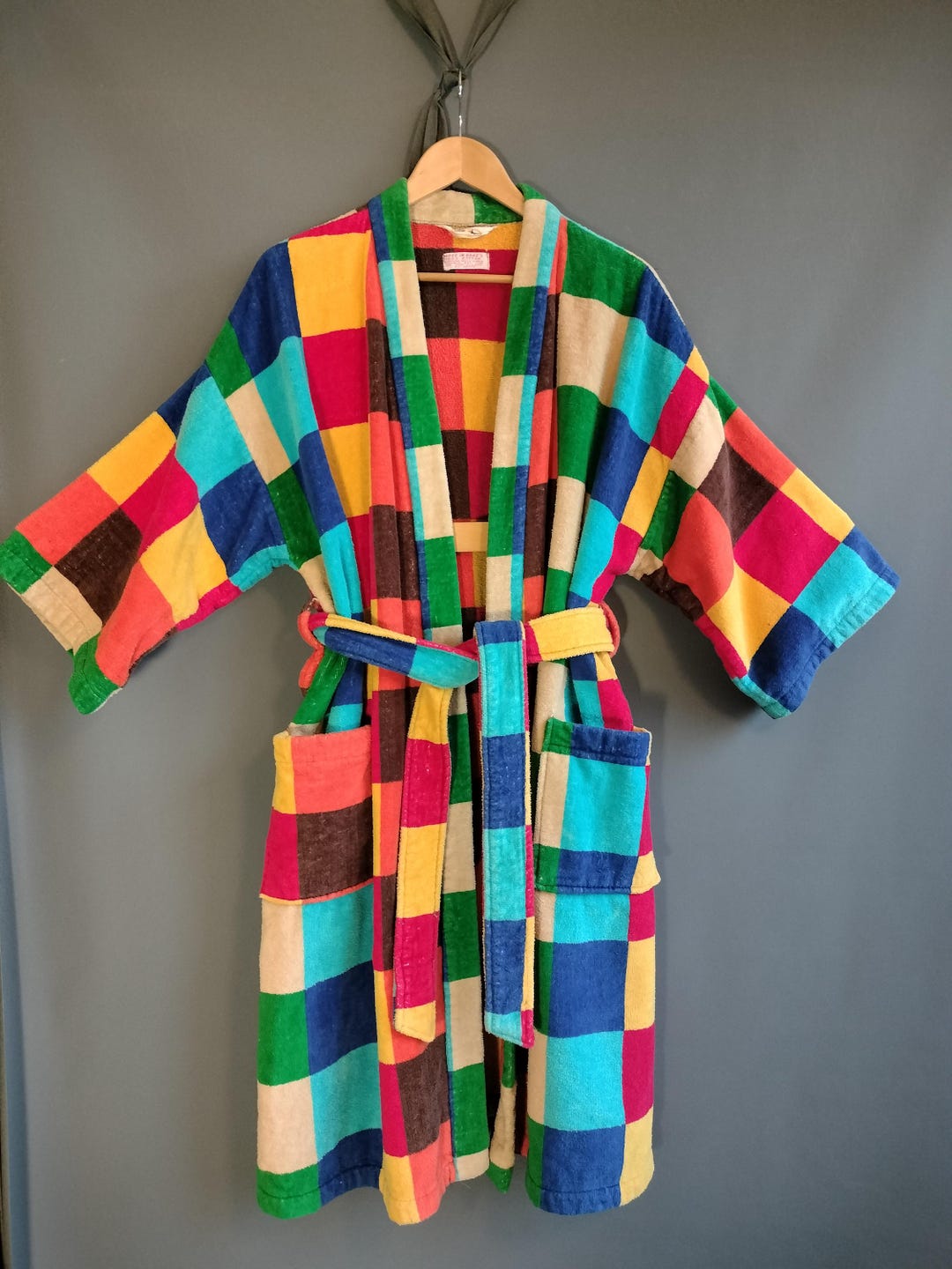 Terry Robe Ribbon Packing 1970s Rainbow Colorblock Terrycloth Robe, Thick Cotton Terry Velour ...