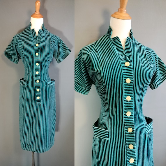1950s striped corduroy wiggle dress, peacock blue… - image 1