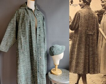 Manteau et chapeau en tweed de coton des années 1950, ensemble assorti, Sears Kerrybrooke, gris aqua rose, grand xl