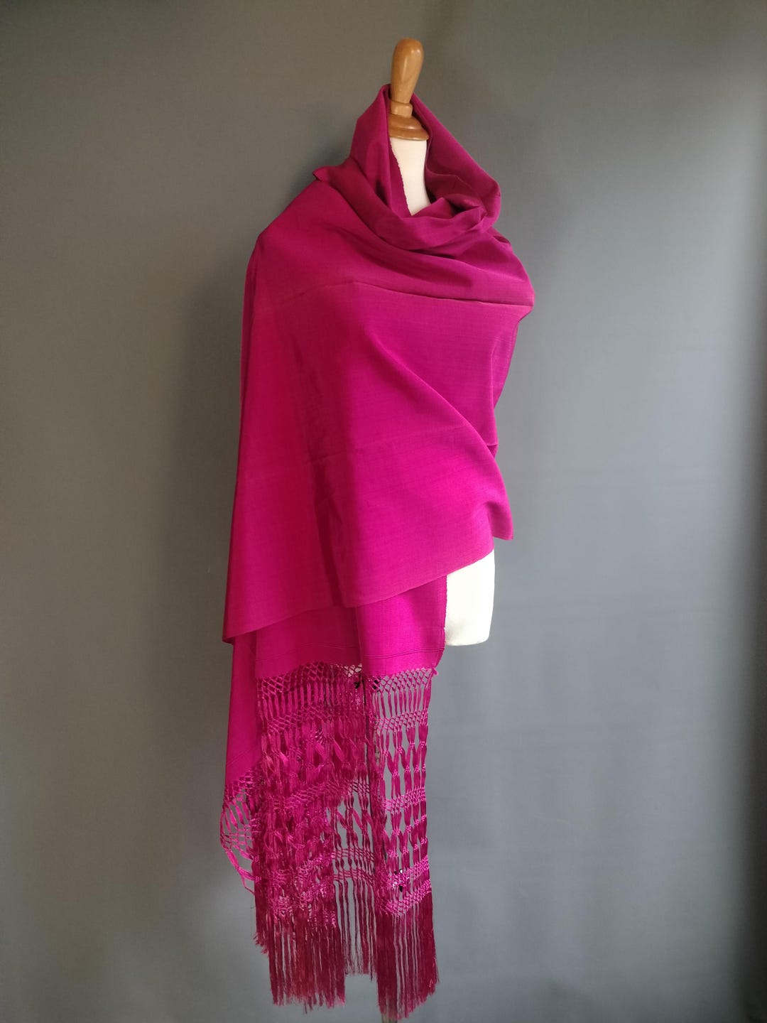 Vintage Fuchsia Silk Shawl, Long Fringe, is Actually a