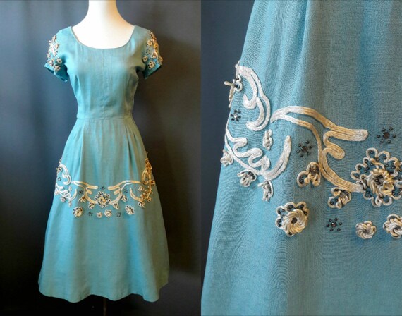 1950s Hattie Carnegie dress, linen and silk cord e