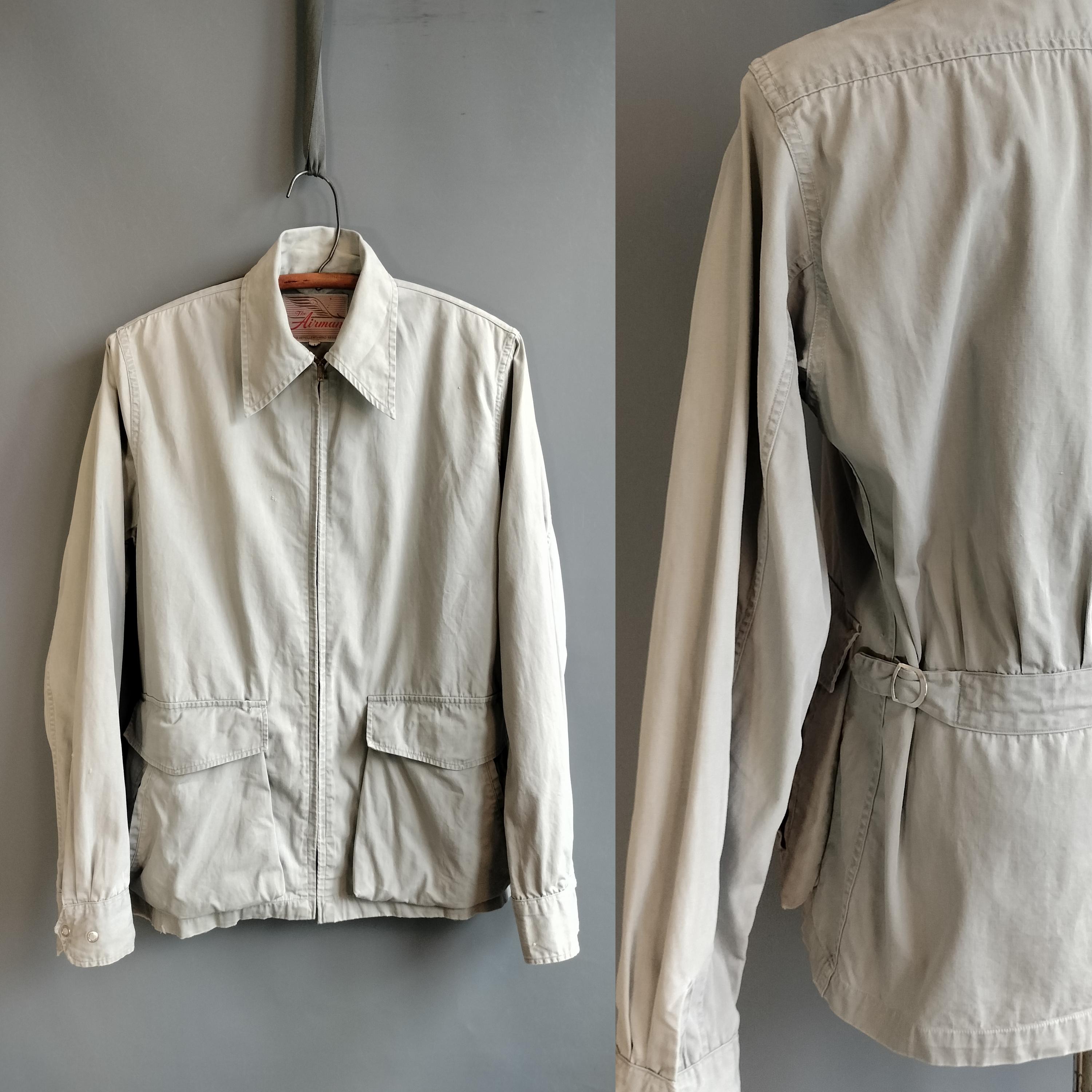 1940s Airman Zip Jacket, Gray Cotton Poplin Windbreaker, Brass