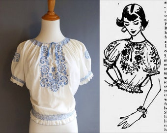 1950s hungarian blouse, blue embroidery, kalocsa peasant top, large size