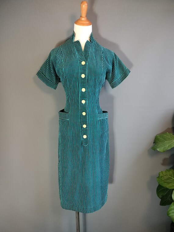 1950s striped corduroy wiggle dress, peacock blue… - image 6