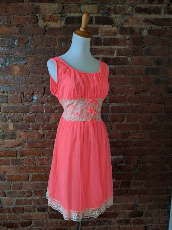1960s neon orange pink chiffon peignoir dress, vin