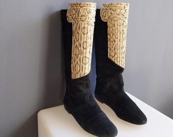 1980s surrealist greek column boots, ionic snakeskin applique suede, made in italy, novelty footwear Andrea Pfister, size 7M trompe loeil