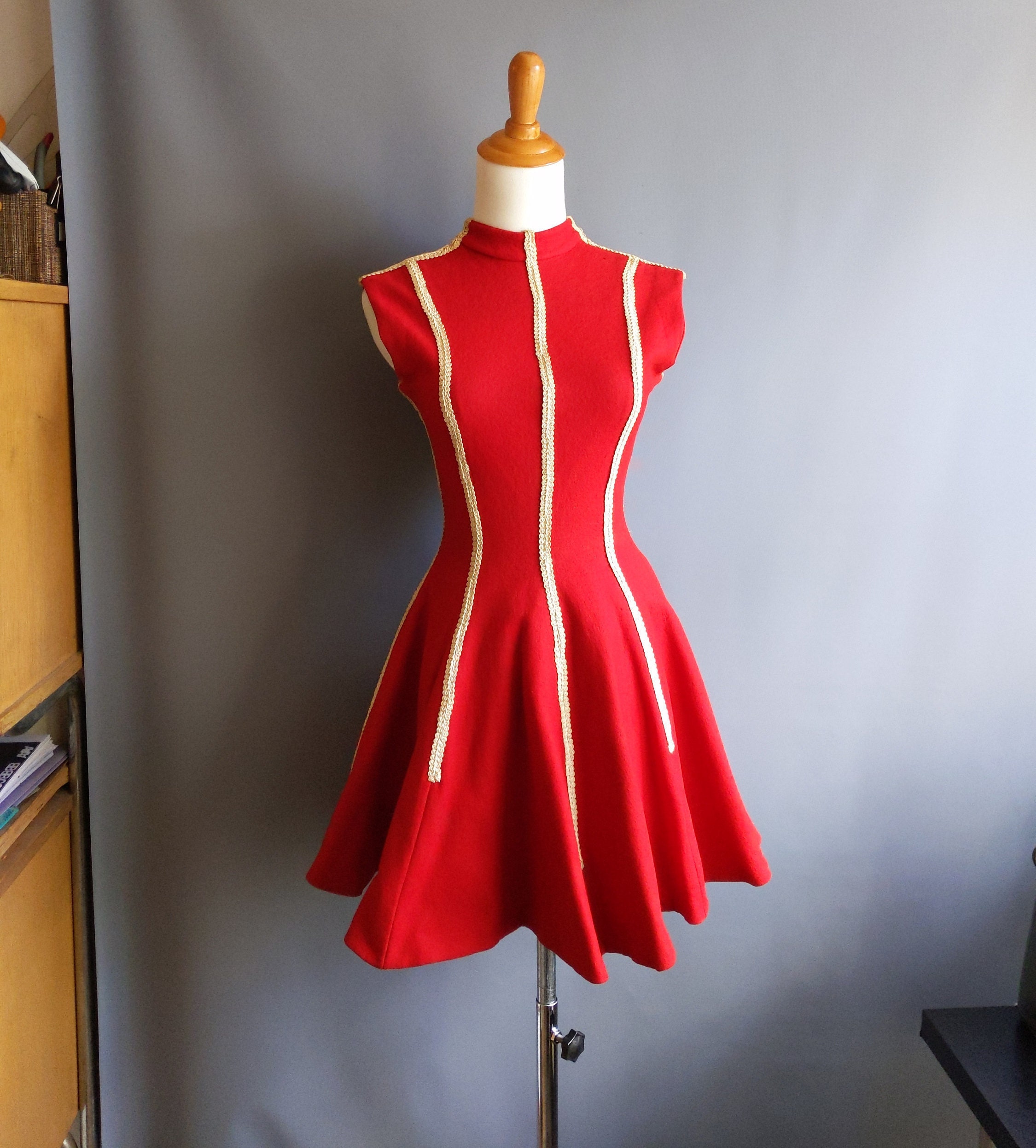 1950s Figure Skating Dress Red Wool Felt and Braid Trim XS Extra Small Size Etsy