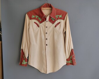 Westernoverhemd uit de jaren 40, linnen cowboykettingsteek, groen en terracotta, schelpknopen, middelgroot