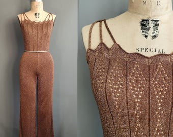 1970s Wenjilli metallic copper bronze lurex jumpsuit, disco sweater knit, medium size