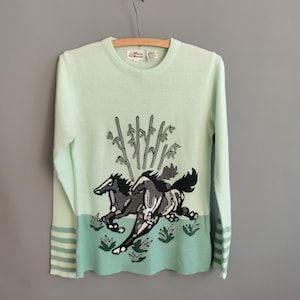 May include: A light green sweater with a crew neck and long sleeves. The sweater features an embroidered design of two horses running through a field of green grass and bamboo.