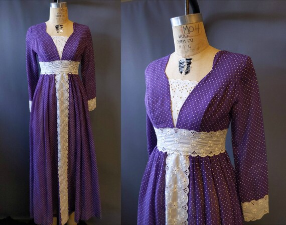 1970s Gunne Sax black label purple swiss dot dress