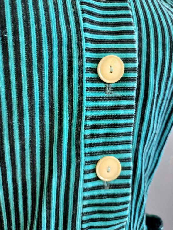 1950s striped corduroy wiggle dress, peacock blue… - image 2