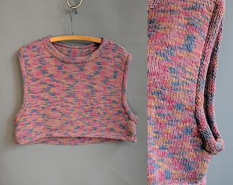 1980s handknit crop sweater vest, spacedye ombre rainbow colors, deep armholes, cotton hand knit yarn, medium large size