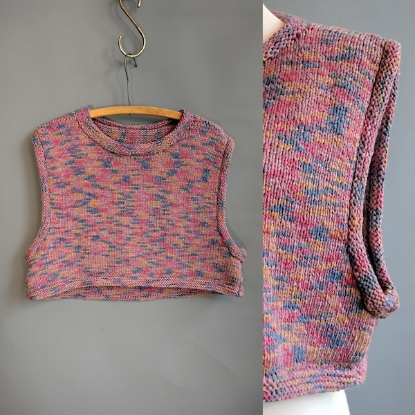 1980s handknit crop sweater vest, spacedye ombre rainbow colors, deep armholes, cotton hand knit yarn, medium large size
