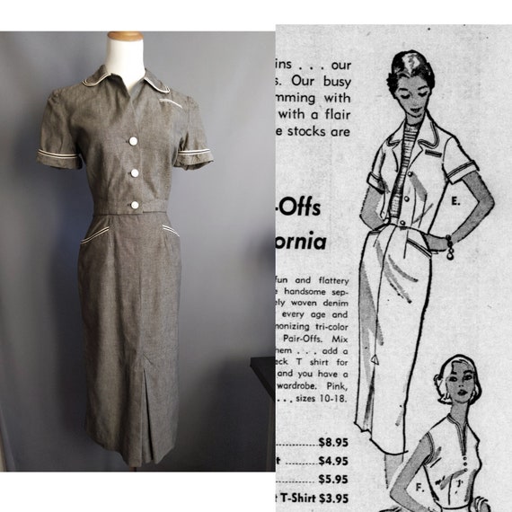 1950s Koradenim skirt suit, grey denim, Koret of C