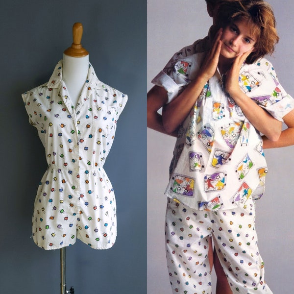 1980s Esprit TV print romper, 80s cotton novelty print, petite medium small