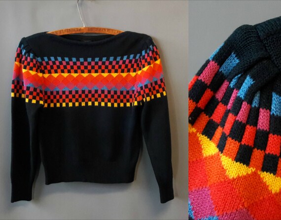 1980s rainbow puff sleeve boatneck sweater, medium