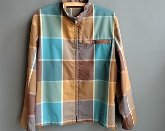 1960s block plaid zipper jacket, cafe racer style, blue mustard brown, mod surfer surf