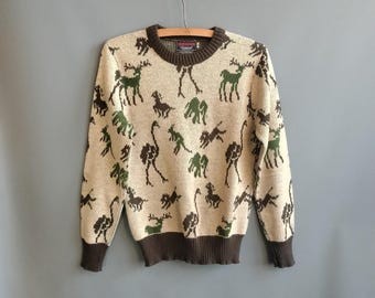 1971 animals novelty sweater, 1970s vintage pullover, Campus medium size
