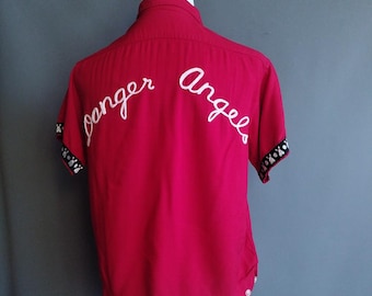 1960s Danger Angels gab bowling shirt, rayon gabardine, chainstitched chainstitch chain stitch chainstitching, 60s vintage, stunt car show