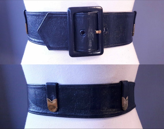 sm - 1950s navy blue crinkly patent leather belt w