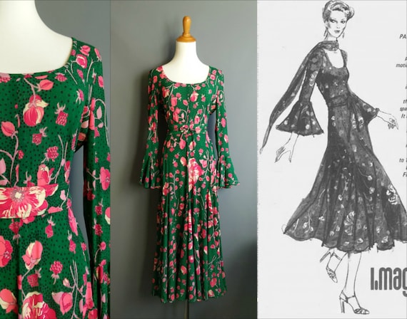 1970s ingrid cado floral dress, green and pink ros