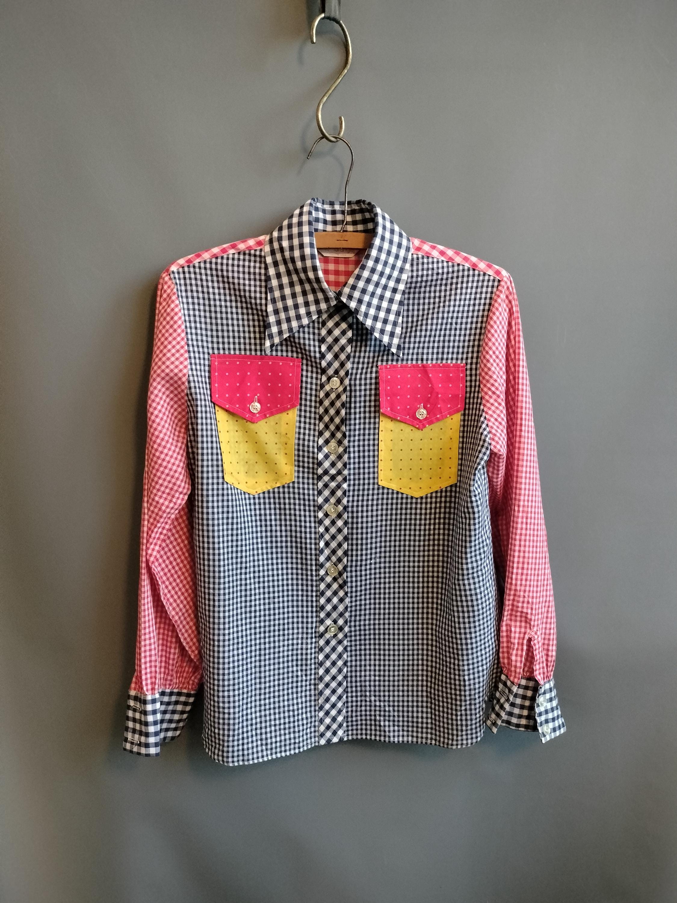 60-70’s Vintage Open Collar Check Shirt Vtg 60s 70s Western Shirt Land n Sea USA Red Plaid Cowgirl