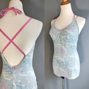 1930s ribbon print swimsuit, Gantner art deco novelty cotton rayon pique knit, swim bathing suit, medium size